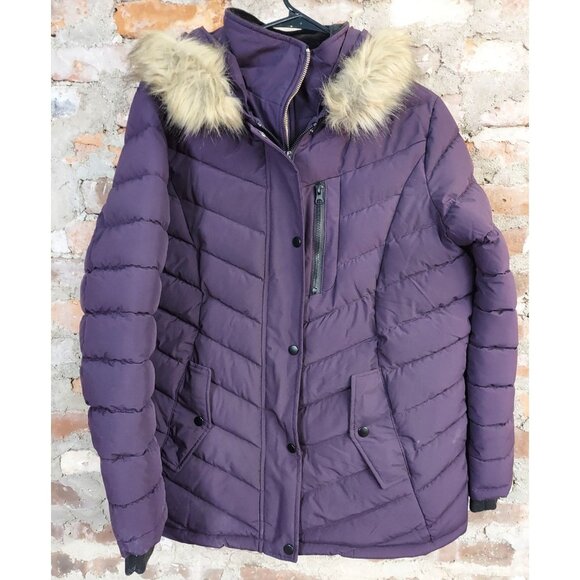 Swiss Tech Winter Coat Girls Sz 12-14 Hooded Purple Puffer Fur Warm!! - Picture 1 of 5
